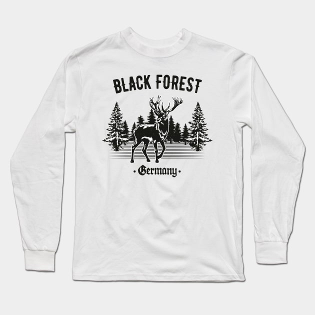 Black Forest Germany Deer with Trees Long Sleeve T-Shirt by Foxxy Merch